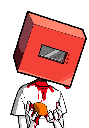 dirk from homestuck with a red box where his head should be, blood is dripping down from the bottom of the box onto dirk's hands